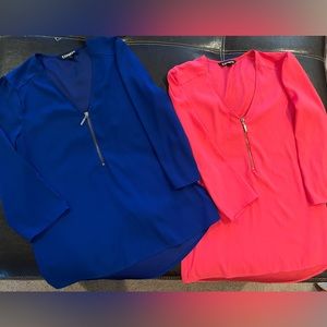 2 beautiful zip Express tops, bright pink & royal blue, silk like with stretch